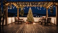 Ornate and lighted Christmas tree in the garden. Engraved Christmas tree and pergola on the terrace of the