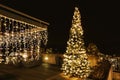 Ornate and lighted Christmas tree in the garden.