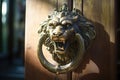 ornate lion-shaped brass door handle in sunlight