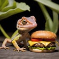 a lizard looking at a burger in the middle of a table