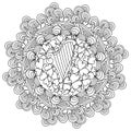 Ornate mandala with clover leaves and a harp in the center St. Patrick\'s Day coloring page