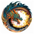 Ornate mandala of a fire-breathing dragon graphic image on a white background. Generative AI. Royalty Free Stock Photo