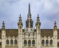 Ornate medieval gothic facade of Guildhall completed in 1440, inscription saying Lord, guide us in London, England