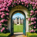 an ornate medieval rococo archway covered with flowers at the entrance of a palace