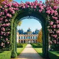 an ornate medieval rococo archway covered with flowers at the entrance of a palace