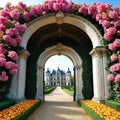 an ornate medieval rococo archway covered with flowers at the entrance of a palace