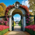 an ornate medieval rococo archway covered with flowers at the entrance of a palace