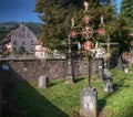 Ornate metal crosses in Swiss cemetery