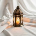 Ornate metal lantern with intricate cutout patterns casting warm light on Royalty Free Stock Photo