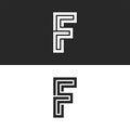 Ornate monogram letter F logo creative art work interweaving black and white lines in the form of a maze