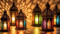 Ornate Moroccan Ramadan lanterns with colorful stained glass panels casting intricate light patterns on a textured surface Royalty Free Stock Photo