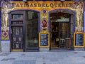 Ornate mosaic facade of the restaurant called Fatigas del Querer, meaning Labor of Love restaurant in Madrid, Spain