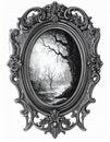 Ornate Oval Frame with Intricate Scrollwork Showcasing a Bare Tree in a Forest Black and White Illustration Royalty Free Stock Photo