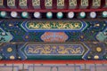 An ornate painted ceiling on a building in the Forbidden City in Beijing