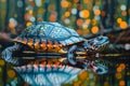 Ornate Painted Turtle Resting on a Wet Surface with Reflective Orange Lights Bokeh Background in a Natural Setting