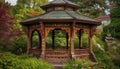 Ornate pavilion roof adorned with multi colored leaves in ancient forest