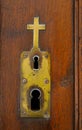 Ornate plate with double keyhole on church door