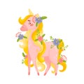 Pink Unicorn Standing Looking Playfully Vector Illustration Isolated On White Background