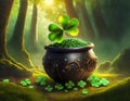 Ornate Pot Filled With Glittering Green Sequins And Giant Clover Leaf Sits In Mystical Sunlit Forest Royalty Free Stock Photo