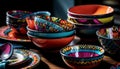 An ornate pottery bowl, part of a vibrant crockery collection generated by AI