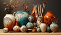 An ornate pottery collection decorates the table with still life generated by AI Royalty Free Stock Photo