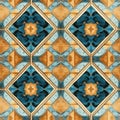 An ornate quilt-inspired seamless pattern featuring geometric shapes and a cool blue and warm gold color palette