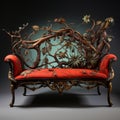 Ornate Red Leather Settee With Photorealistic Surrealism Branches