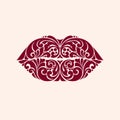 Ornate red lips icon logo kiss red lipstick.