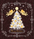 Ornate retro greeting card for winter holidays with paper cut out Christmas tree with cone, candle, gold balls and paper handmade