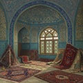 Ornate room with intricate blue tile work covering the walls and Royalty Free Stock Photo