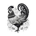 Ornate Rooster Icon, Cockerel Portrait Isolated, Chinese Horoscope Minimal Rooster Symbol on White