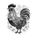 Ornate Rooster Icon, Cockerel Portrait Isolated, Chinese Horoscope Minimal Rooster Symbol on White