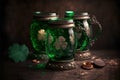 Ornate and rustic three metal mugs of irish beer. Saint Patrick\'s day. Generative AI