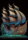 Ornate sailing frigate on a dark background, digital illustration