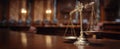 The ornate scales of justice standing in an empty, elegant courtroom setting..AI generated image Royalty Free Stock Photo