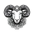 Ornate Sheep Icon, Sheep Portrait Isolated, Chinese Horoscope Minimal Ram Symbol on White