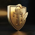 An ornate shield emblem in shining gold features a stylized letter \