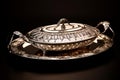 Ornate Silver plate serving on table. Generate Ai