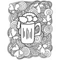 Ornate St. Patricks Day Coloring Page, Mug of foamy beer among clover and fantasy patterns