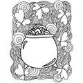 Ornate St. Patricks Day Coloring Page, Pot of Coins among Clover and Fantasy Patterns