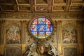 Ornate stained glass window by Giovanni Hajnal 1995 at Basilica Papale di Santa Maria Maggiore, Rome