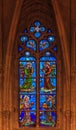 Ornate stained glass in the windows of the Cathedral of the Holy