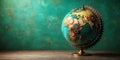 Ornate steampunk globe on rustic wooden surface with textured green background. Generative AI Royalty Free Stock Photo