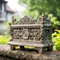 an ornate stone box sitting on top of a stone wall
