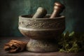 An ornate stone mortar and pestle, grinding fresh herbs and roots into a healing salve or powder. Render the timeless, meticulous Royalty Free Stock Photo