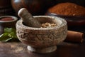 An ornate stone mortar and pestle, grinding fresh herbs and roots into a healing salve or powder. Render the timeless, meticulous