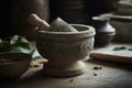 An ornate stone mortar and pestle, grinding fresh herbs and roots into a healing salve or powder. Render the timeless, meticulous