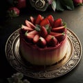 Ornate strawberry mascarpone cheesecake, food photography, generative AI