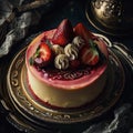 Ornate strawberry mascarpone cheesecake, food photography, generative AI