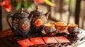 Ornate teapots candles and red envelopes rest on a wooden table Royalty Free Stock Photo
